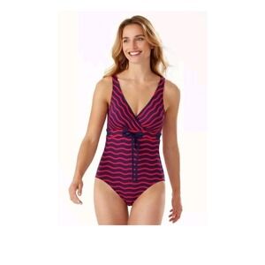 Tommy Bahama Women One Piece Swimsuit Navy Red Stripe V Neck Tie Waist Size 16